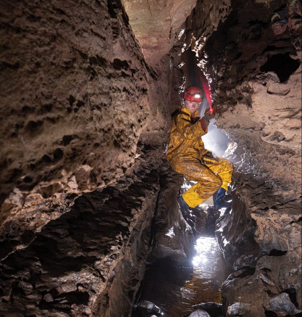 Firing a survey shot in a cave