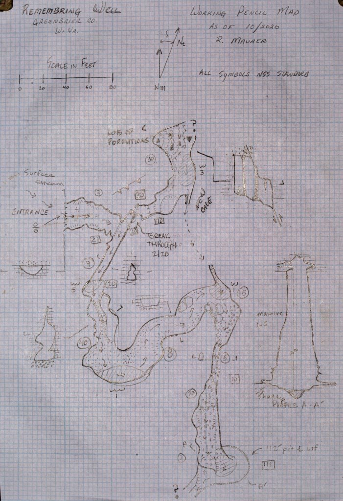 Hand-drawn sketch of mapped cave passage